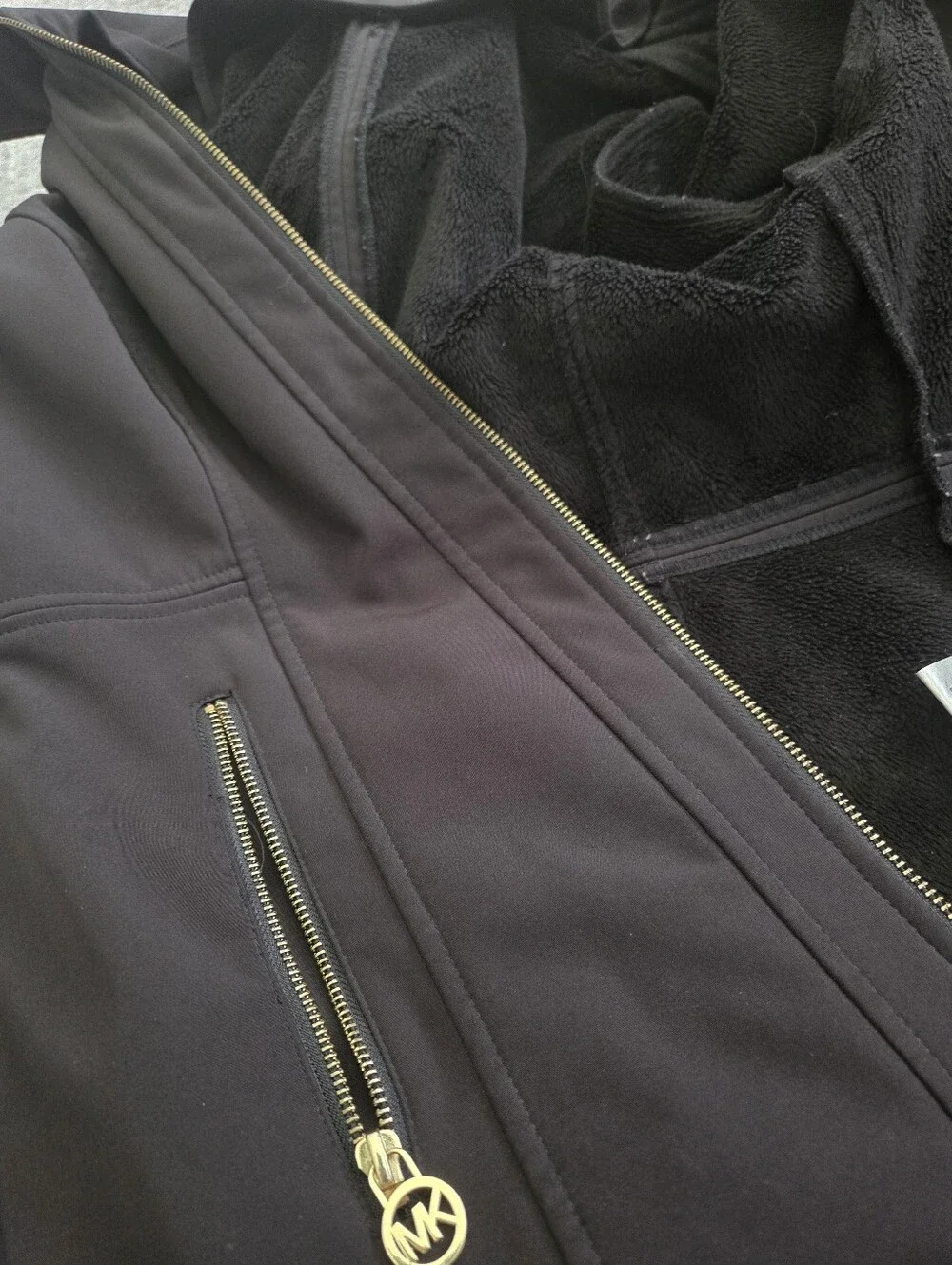 Michael Kors Black Zip-Front Pea Coat with Gold MK Accents